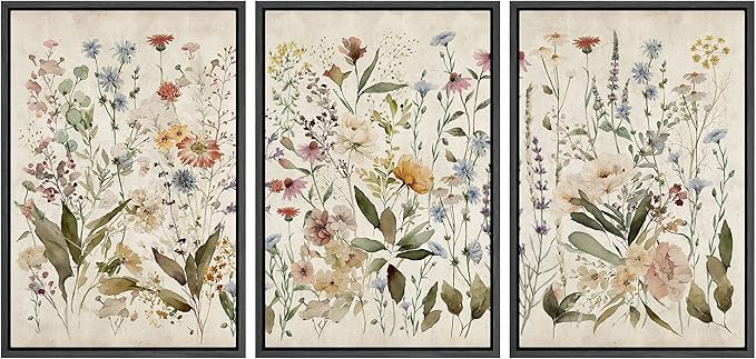 MUDECOR Framed Wall Art Print Set Blooming Wildflowers Illustrations Modern Art Decorative Colorful Chic for Living Room, Bedroom, Office - 16"x24"x3 Black