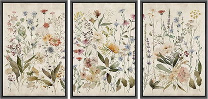 MUDECOR Framed Wall Art Print Set Blooming Wildflowers Illustrations Modern Art Decorative Colorful Chic for Living Room, Bedroom, Office - 24"x36"x3 Black