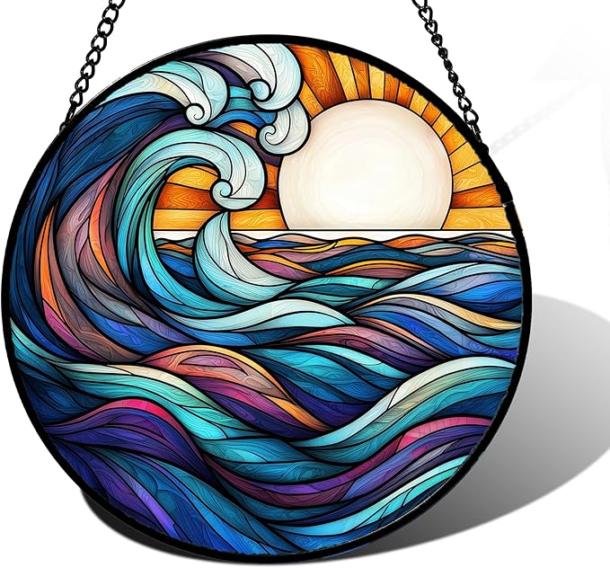 DASTOLL Stained Glass Window Hanging, Big Wave Sun Suncatcher Diamond Glass Panel Hangings Abstract Sun Catchers Decor for Birthday for Women, Men, Wife, Aunt,and Mom 6.3X6.3IN