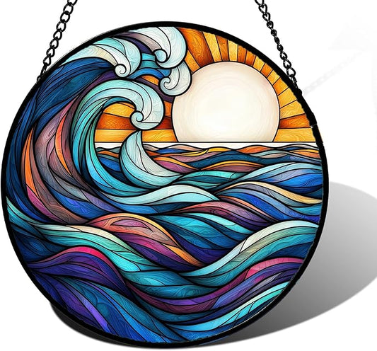 DASTOLL Stained Glass Window Hanging, Big Wave Sun Suncatcher Diamond Glass Panel Hangings Abstract Sun Catchers Decor for Birthday for Women, Men, Wife, Aunt, and Mom 11.8x11.8 in