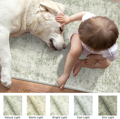 Modern Abstract Runner Rug for Bedroom 2x7, Sage Green Grey Washable Kitchen Runner, Non-Slip Soft Thin Faux Wool Mat for Entryway, Hallway, Laundry Room Indoor