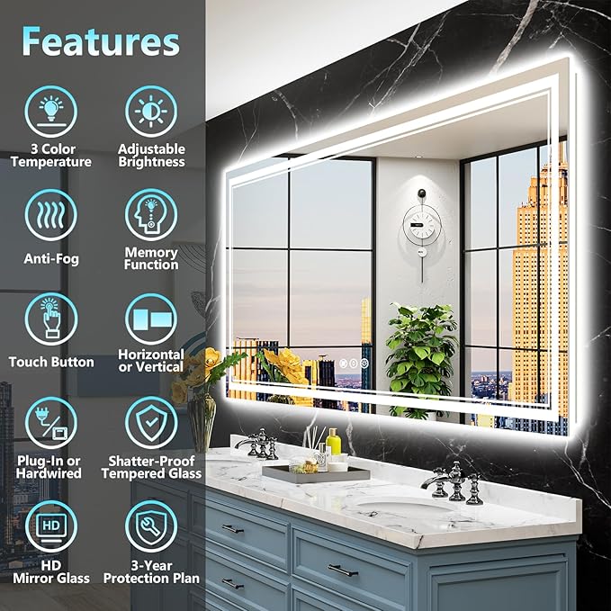 84x32 Inch LED Bathroom Mirror with Lights, Backlit & Front Lit, Anti-Fog Lighted Vanity Mirrors for Bathroom Wall, Dimmable, 3-Color Light, Memory, Shatter-Proof, Tempered Glass, ETL Listed
