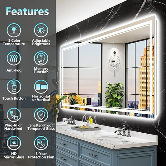 84x32 Inch LED Bathroom Mirror with Lights, Backlit & Front Lit, Anti-Fog Lighted Vanity Mirrors for Bathroom Wall, Dimmable, 3-Color Light, Memory, Shatter-Proof, Tempered Glass, ETL Listed
