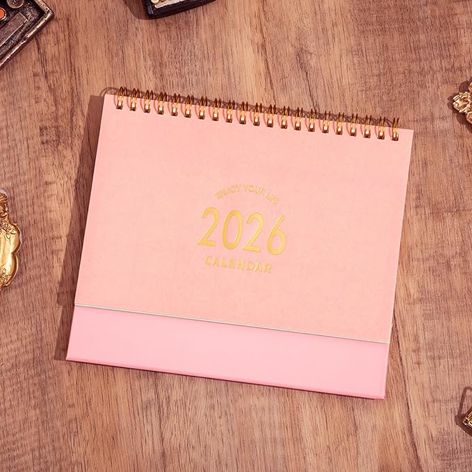 Small Desk Calendar 2025-2026, Standing Flip Desk Calendar Use Now to Dec 2026, with To-do List & Notes, Metal Ring Twin-Wire Binding with Stickers, Monthly Desktop Calendar for Home Office (Pink)