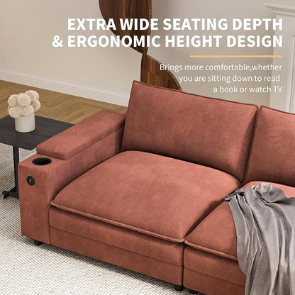 115" U Shaped Cloud Sofa Couch with Ottoman, Storage Armrest, Cup Holders, USB & Type-C Ports, Spring Cushions, Solid Wood Frame, Chenille Modular Sectional for Living Room (Coffee-U-115.2")