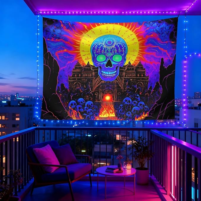 seewan Black Light Mystic Skull Tapestry, Glow-in-the-Dark UV Neon Blue Skeleton with Yellow Sun Halo Tapestry, Psychedelic Ancient Temple Wall Hanging, Bedroom Dorm Living Room Background Decor