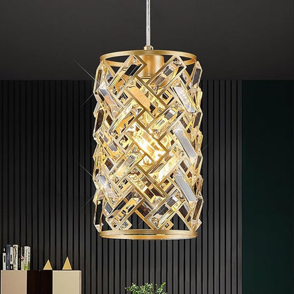 Modern Gold Crystal Pendant Light Fixture – Mini Hanging Chandelier with K9 Prisms for Kitchen Island, Bedroom, Bathroom, Dining Room, or Bar (1-Light)