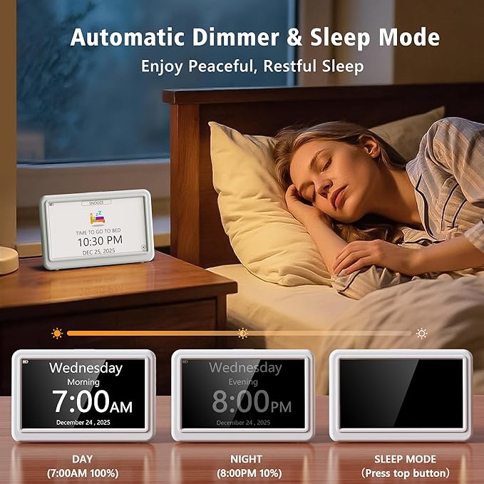 Rechargeable Digital Clock with Day and Date for Elderly, 7" Large Digital Calendar Clock for Seniors, 20 Alarms & Medication Reminders, Auto DST/Dimmer, 12 Themes, Best Gifts for People with Dementia