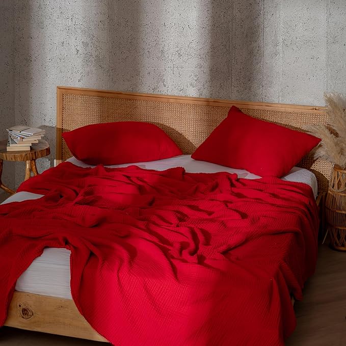 Muslin Blanket - Pure 100% Turkish Cotton Airy Soft Light Versatile Gauze Throw Blanket for Bed, Couch, Sofa (Red, Queen XL Size (95" x 95" inch))