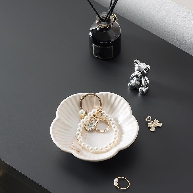 Flower Shape Ring Tray Jewelry Dish Key Bowl Ceramic Trinket Tray Decorative Jewelry Dish for Rings Necklace Earring Key Watch Home Decoration for Friend Sister Mom(White)