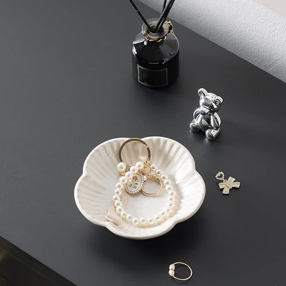 Flower Shape Ring Tray Jewelry Dish Key Bowl Ceramic Trinket Tray Decorative Jewelry Dish for Rings Necklace Earring Key Watch Home Decoration for Friend Sister Mom(White)