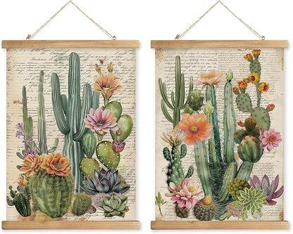 Vintage Spring Flower Poster Print, Botanical Educational Illustration, Rustic Wooden Hanger Frame, Linen Canvas Wall Art Decor, Farmhouse Cottagecore Style for Living Room Bedroom Office (16" x 23")