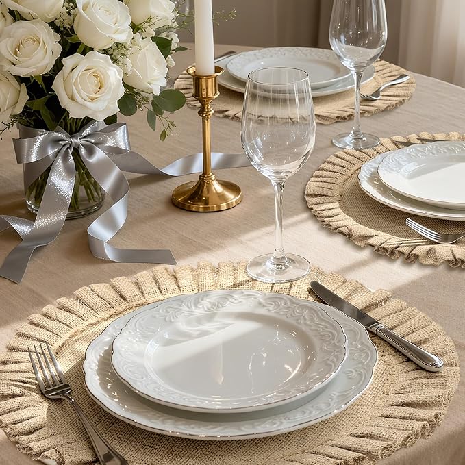 Aneco 6 Pack 15 Inch Round Burlap Placemats Braided Jute Placemats with Ruffle Edge Heat Resistant Reusable Brown Table Mats for Weddings Parties Holidays Dining Table