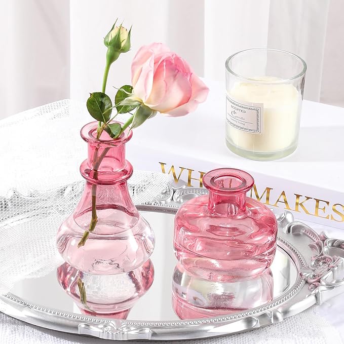Pink Gradient Glass Bud Vase, 10Pcs/Set Modern Decorative Small Mini Flowers Vases, Minimalist Aesthetic Home Decor Vintage Wedding Table Centerpieces for Single Flower Rose