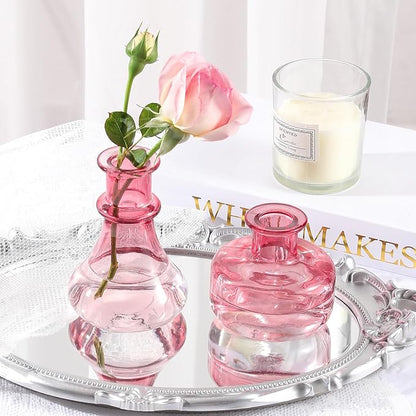 Pink Gradient Glass Bud Vase, 10Pcs/Set Modern Decorative Small Mini Flowers Vases, Minimalist Aesthetic Home Decor Vintage Wedding Table Centerpieces for Single Flower Rose