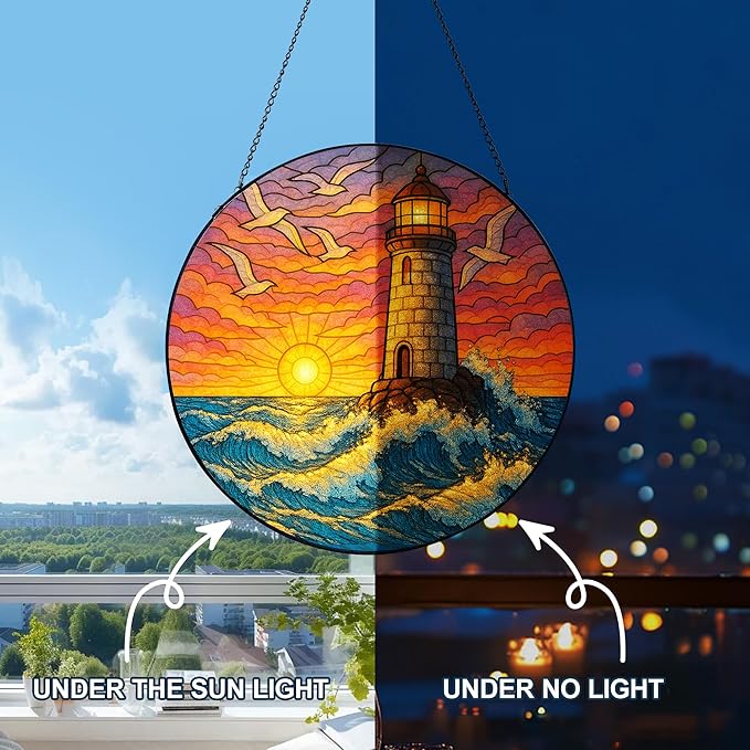 Stained Glass Window Hanging,Lighthouse Sun Catchers Stained Glass Panels for Indoor Windows Wall Art Decor, Memorial Gift for Mom Women Wife Men Lovers (11.8inch)