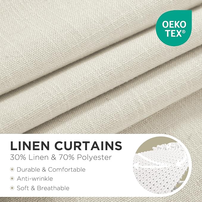 Joydeco Linen Curtains for Living Room,Light Filtering Rod Pocket Back Tab Semi Sheer Drapes Window Long Curtains 63 inches Long Ivory