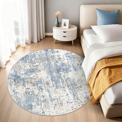 Round Rug 4ft for Bedroom, Washable Modern Abstract Circle Rug Neutral Soft Non Slip Kids Rug Stain Resistant Indoor Carpet for Living Room Nursery Playroom Dorm Girls Boys Room(Blue, 4' Round)
