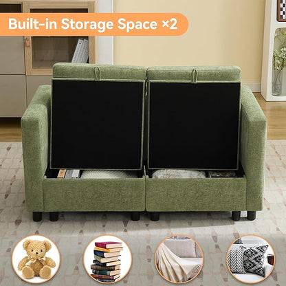 58”Modular Sectional Loveseat Sofa, Modern Love Seat 2 Seater Sofa Couch with Storage, Chenille Modular Sectional Couch for Living Room, Bedroom, Office, Small Apartment, Green