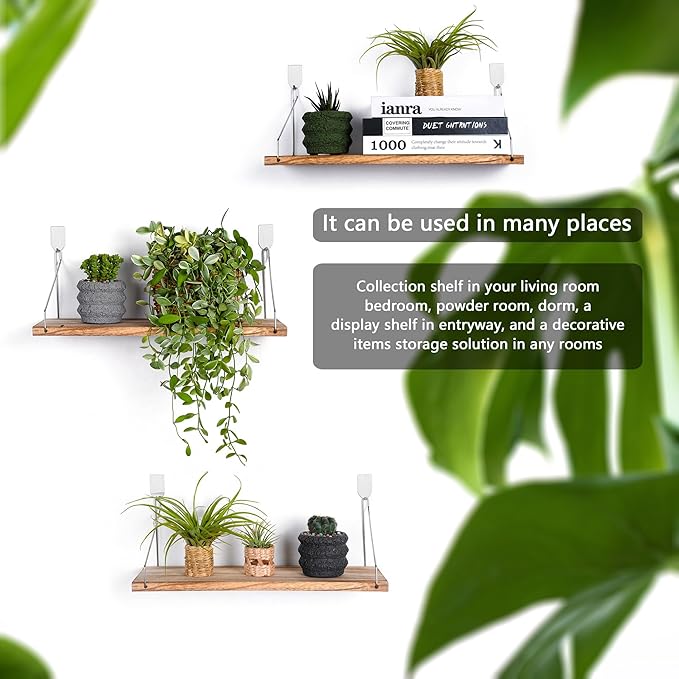 MITIME Floating Shelves Set of 3 Rustic Solid Wood Floating Shelf Wall Storage Shelves for Living Room, Bedroom, Bathroom, Kitchen Laundry, Office,no Drill Shelf(Light Color L+L+L)