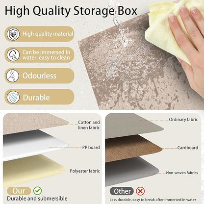 Yawinhe Fabric Storage Bins with Handles, Foldable Baskets for Shelves, Cubes with 3 Handles, Large Boxes for Clothes, Beige, 16.9''Lx11.8''Wx10.2''H, 6-Pack