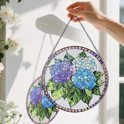 8-Inch Stained Glass Ornament, Stained Glass Window Hanging, Window Hanging Decor Suncatcher, Blue Hydrangea Ornament | Christmas, Mother's Day, Birthday | Gifts for Mom, Garden Gifts for Friends