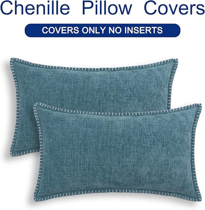 CaliTime Throw Pillow Covers Decorative 12 X 20 Inches Pack of 2 Cotton Thread Stitching Edges Solid Dyed Soft Chenille Cushion Cases for Couch Sofa Bed Living Room Farmhouse Smoke Blue