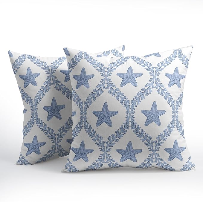 Coastal Pillow Covers 18x18 Set of 2 Ocean Starfish Pattern Decorative Light Blue Pillowcases Outdoor Beachy Throw Pillow Covers with Zipper Soft Cozy for Sofa Bed Chair Living Room Home Decor