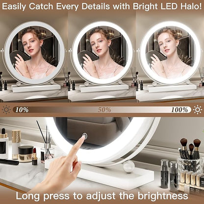 ROLOVE 13 Inch Vanity Mirror with Lights, Round Make Up Mirror with Lighting, LED Mirror Makeup Mirror with Lights for Bedroom Tabletop, Smart Touch Control, 360° Rotation (White)