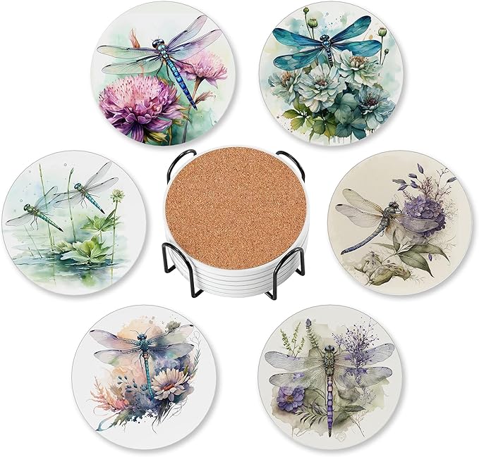 Dragonfly Drink Coasters for Drinks Set of 6,Watercolor Flowers Absorbent Round Ceramic Stone Mat Coaster,with Cork Base and Metal Holder, Home Bar Decor House Warming Gift