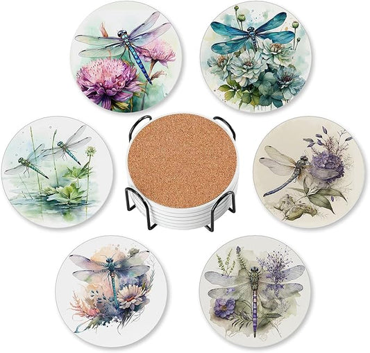 Dragonfly Drink Coasters for Drinks Set of 6,Watercolor Flowers Absorbent Round Ceramic Stone Mat Coaster,with Cork Base and Metal Holder, Home Bar Decor House Warming Gift