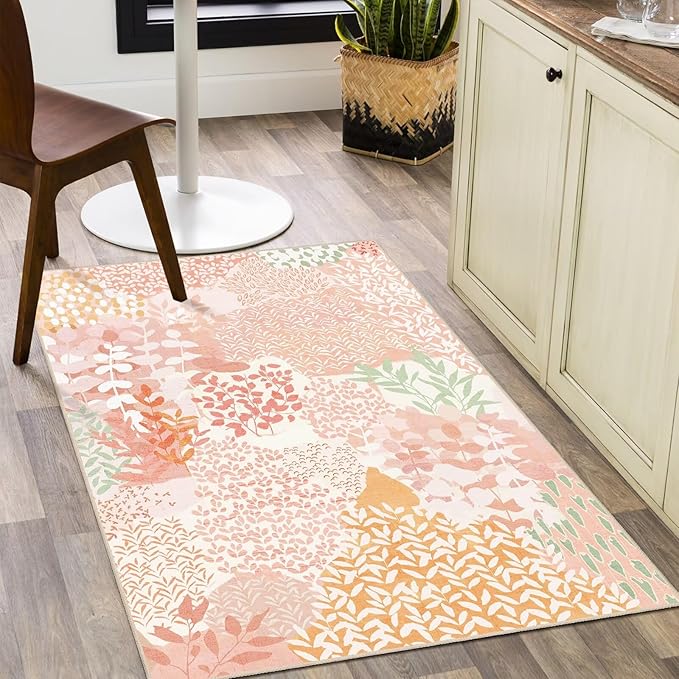 DEXDE 2x3 Area Rug, Small Boho Rugs Entryway Doormat Indoor Machine Washable Non-Slip Abstract Botanical Leaves Floral Floor Carpet for Living Room Bedroom Office Playroom,Pink