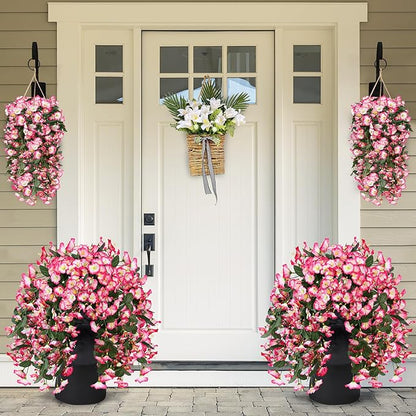 Sggvecsy Artificial Fake Hanging Flowers Plants for Outdoor Outside Spring Summer Decoration 4PCS Faux Silk UV Resistant Realistic Morning Glory Trailing Vines for Home Porch Patio Balcony(Pink)