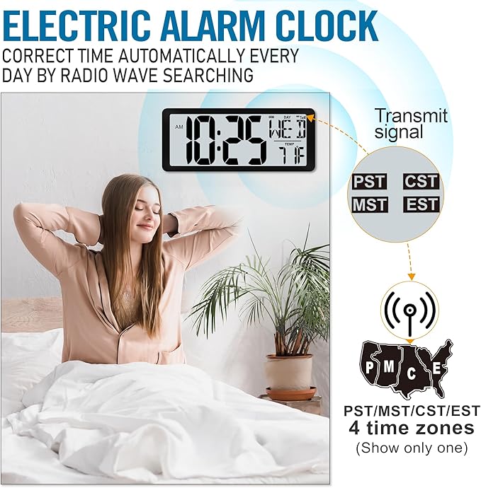 4.6" Numbers Display Built-in Rechargeable Power 15" Atomic Black Wall Clock -Night Display-Never Needs Setting!-Easy to Read Numbers-Never Need Replace Battery
