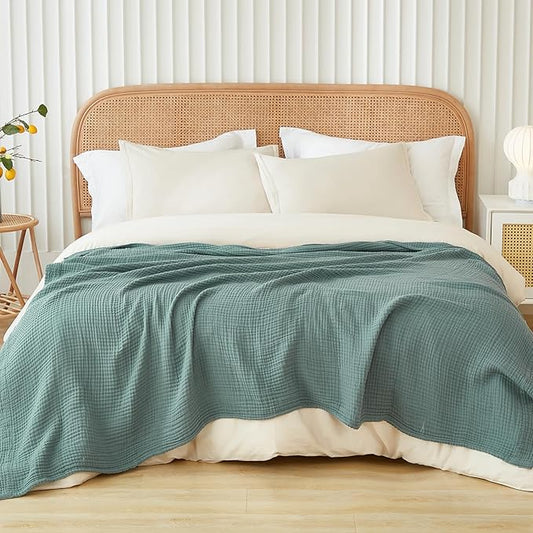 EMME Cotton Muslin King Blanket Big Oversized Bed Layering Bedspread Coverlet Breathable Gauze Soft Lightweight Blankets (Teal, 120"x94")