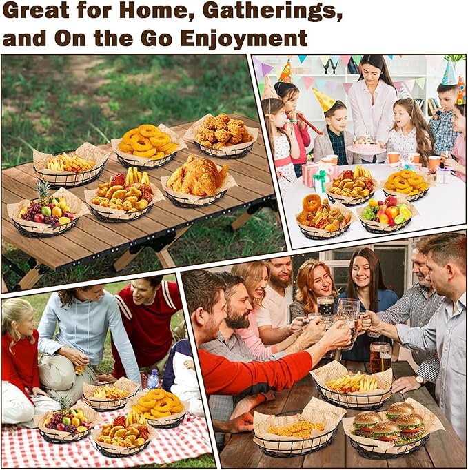 6 Pack Metal Fast Food Oval Baskets, Wire Bread Basket for Serving, Reusable Chip Burger Fruit Vegetables Bowl Storage for Kitchen Table, Restaurants, Snack Bar, 9.5" x 6.3" x 2"