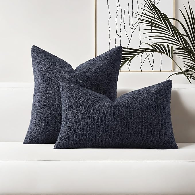 HAUSSY Set of 2 20x20 Decorative Throw Pillow Covers, Soft Cozy Textured Boucle Couch Cases, Home Decor for Couch Bed Living Room, Navy Blue
