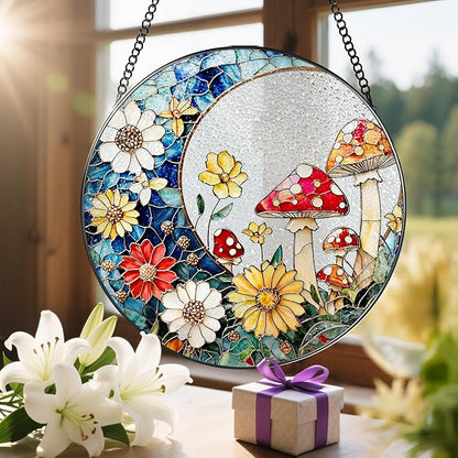 8 Inch Mushroom Suncatcher, Stained Glass Mushrooms Home Decor, Stained Glass Window Hanging, Plant Lover Gifts for Women, Birthday Gifts for Her Mom Grandma, Idea Gift, Gift Exchange