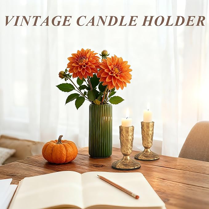Gold Cast Iron Candle Holders Set of 2 - Antique Brass Gold Metal Taper Candle Stick Holders for Table - Wrought Iron Candle Holder for Centerpiece, Mantel, Wedding, Party, Christmas Decor