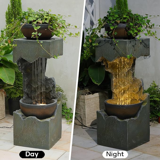 37.4''H 2-Tiered Rainfall Bowl Garden Water Fountain with LED Lights and Pebbles, Modern Crackled Stone Feature Waterfall for Porch, Deck, Yard, Patio, and Home Décor