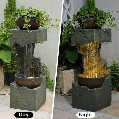 37.4''H 2-Tiered Rainfall Bowl Garden Water Fountain with LED Lights and Pebbles, Modern Crackled Stone Feature Waterfall for Porch, Deck, Yard, Patio, and Home Décor