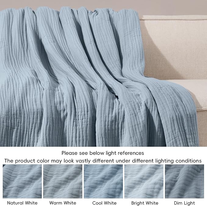 PHF Cooling Muslin Blanket Queen Size 90"x80", 6-Layer Lightweight Gauze Blanket Made from 35% Rayon Derived from Bamboo & 65% Cotton, Breathable & Ultra Soft Cozy for Hot Sleepers, Dusty Blue