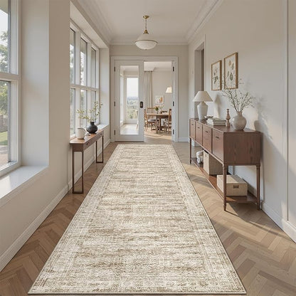 Runner Rug 2'6" x 12' Washable Non-Slip Runner Rugs for Kitchen Bathroom Laundry Room Vintage Ultra Thin Runners for Hallway Entryway Brown