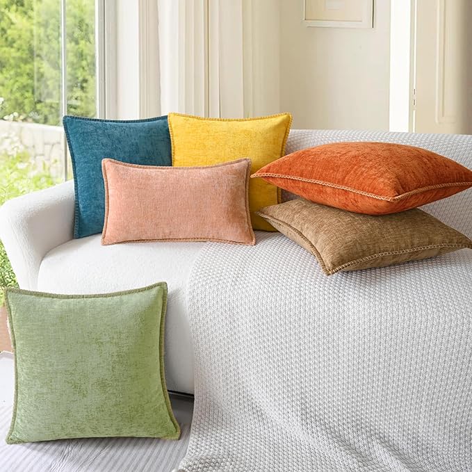 CaliTime Throw Pillow Covers Decorative 12 X 20 Inches Pack of 2 Cotton Thread Stitching Edges Solid Dyed Soft Chenille Cushion Case for Couch Sofa Bed Living Room Farmhouse Apricot Brown