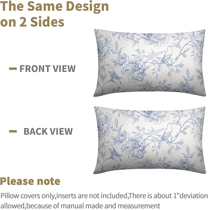 White Blue Chinoiserie Pillow Covers 12x20 Set of 2 Decorations Vintage Floral Throw Pillow Covers Boho Decor Rustic Pillowcases Farmhouse Pattern Soft Cozy for Sofa Bed Chair Home Decorative