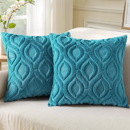 decorUhome Spring Euro Sham Throw Pillow Covers 22x22 Inch Set of 2, Soft Plush Faux Wool Teal Solid Couch Pillow Covers, Accent Farmhouse Neutral Square Pillow Cases for Sofa Bed Living Room