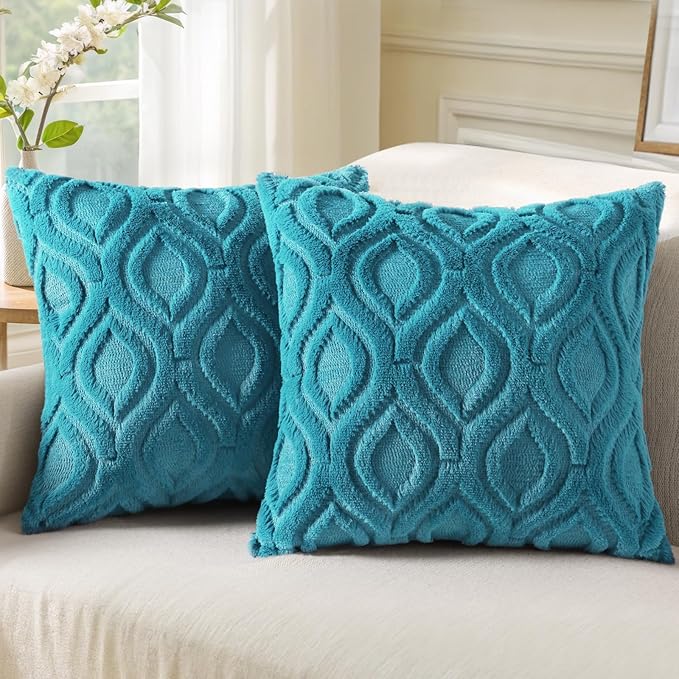 decorUhome Spring Euro Sham Throw Pillow Covers 26x26 Inch Set of 2, Soft Plush Faux Wool Teal Solid Couch Pillow Covers, Accent Farmhouse Neutral Square Pillow Cases for Sofa Bed Living Room