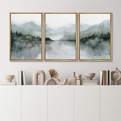 MUDECOR Framed Wall Art Print Set Misty Mountain Lake Watercolor Serene Illustrations Modern Art Boho Decorative Colorful Chic for Living Room, Bedroom, Office - 24"x36"x3 Natural
