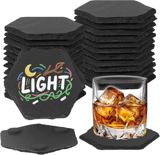24PCS Slate Rock Coasters Black Bulk Blank Laser Engraved Hand Painted Beverage Coasters, Non-Slip Bottom Mat, Home Office Kitchen Gift Wedding Bar Party