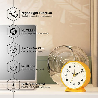 AYRELY® 4.5" Analog Alarm Clock,Small Retro Desk Clock Battery Operated,Slient Metal Table Clock with Light for Living Room Decor,Bedroom,Bedside,Shelf (Orange-Yellow)